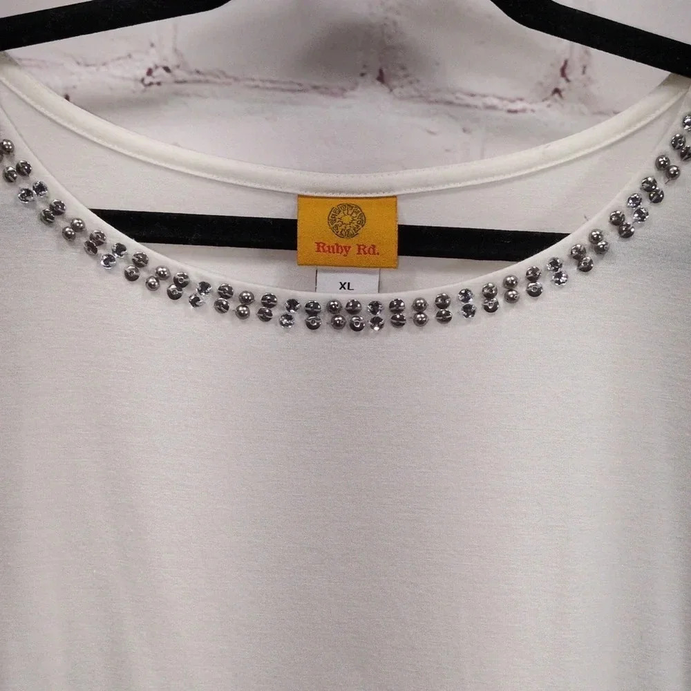Ruby Rd Cream Studed Short Sleeve Shirt XL - Picture 5 of 9